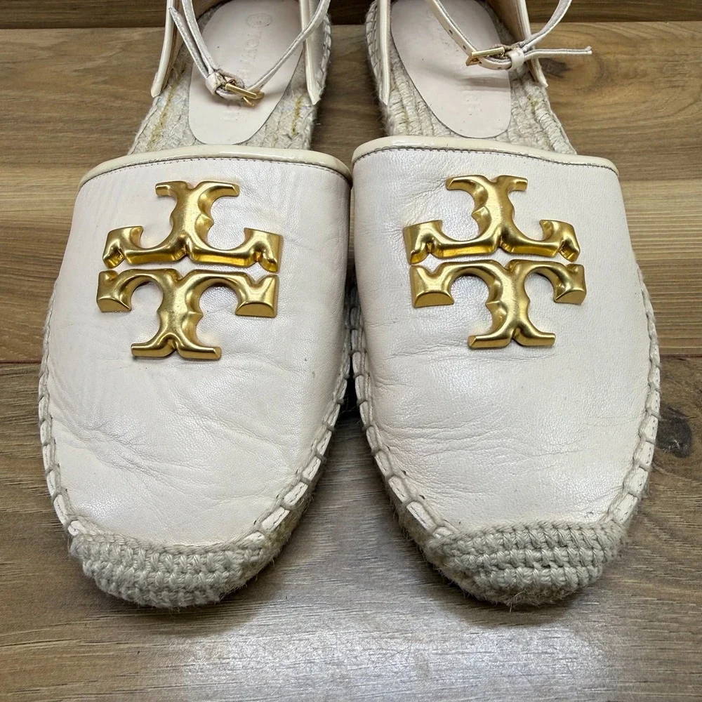 Tory Burch Eleanor Espadrille Flats 10 Cream Gold Logo Ankle Strap Resort Travel